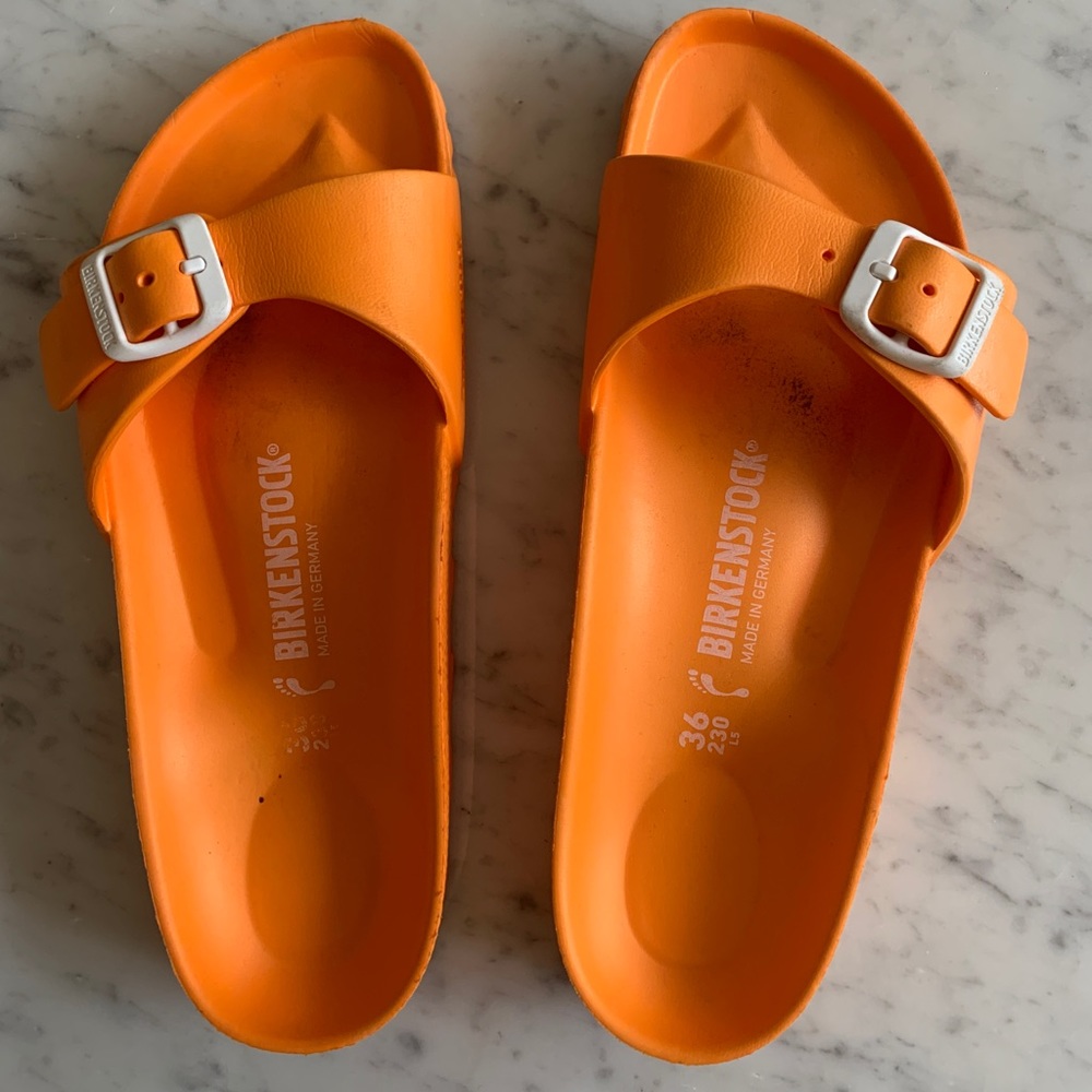 Orange rubber Birkenstocks
